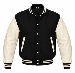 Black and Cream Varsity Jacket with Wool Body and Leather Sleeves
