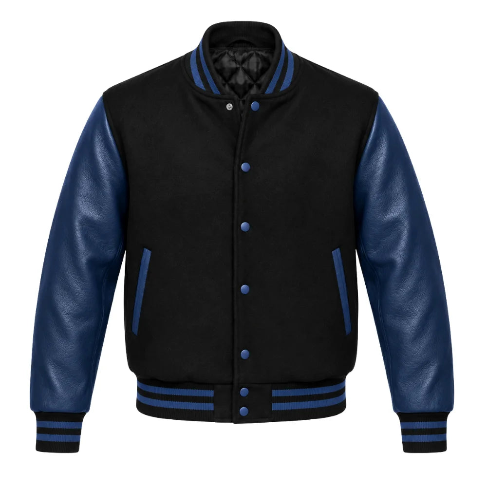 Black and Navy Varsity Jacket with Wool Body and Leather Sleeves