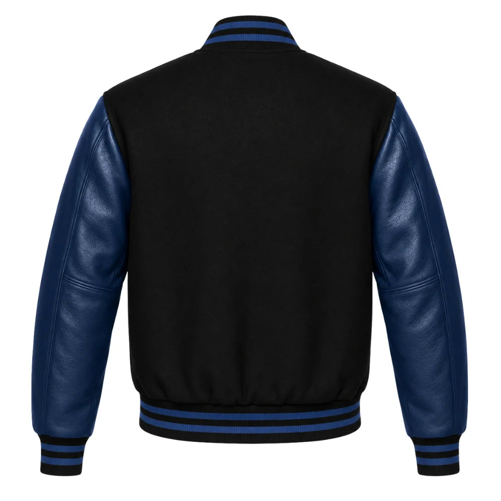 Black and Navy Varsity Jacket with Wool Body and Leather Sleeves Back Side