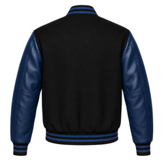 Black and Navy Varsity Jacket with Wool Body and Leather Sleeves Back Side