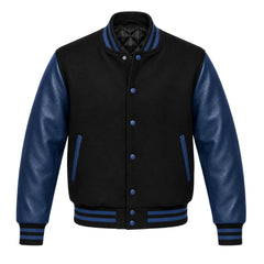 Black and Navy Varsity Jacket with Wool Body and Leather Sleeves