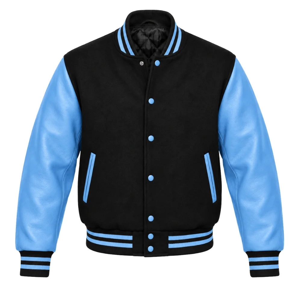 Black and Sky Blue Varsity Jacket with Wool Body and Leather Sleeves