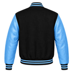 Black and Sky Blue Varsity Jacket with Wool Body and Leather Sleeves Back View