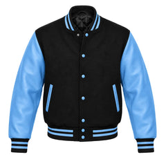 Black and Sky Blue Varsity Jacket with Wool Body and Leather Sleeves