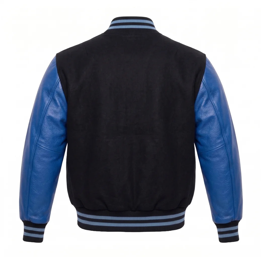 Black and Cobalt Blue Varsity Jacket with Wool Body and Leather Sleeves Back View