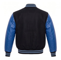 Black and Cobalt Blue Varsity Jacket with Wool Body and Leather Sleeves Back View