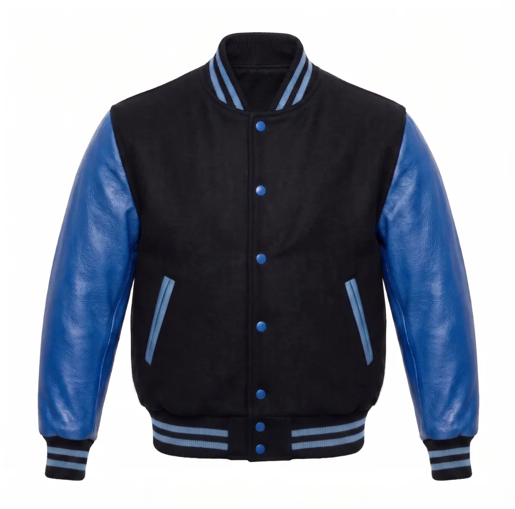 Black and Cobalt Blue Varsity Jacket with Wool Body and Leather Sleeves
