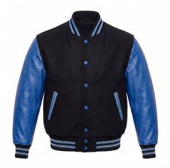 Black and Cobalt Blue Varsity Jacket with Wool Body and Leather Sleeves