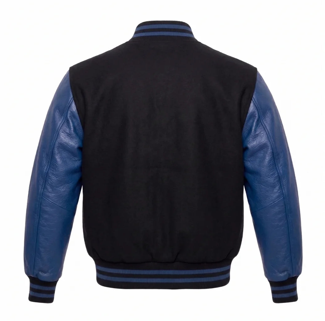 Black and Collegiate Blue Varsity Jacket with Wool Body and Leather Sleeves Back View