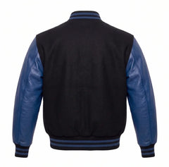 Black and Collegiate Blue Varsity Jacket with Wool Body and Leather Sleeves Back View