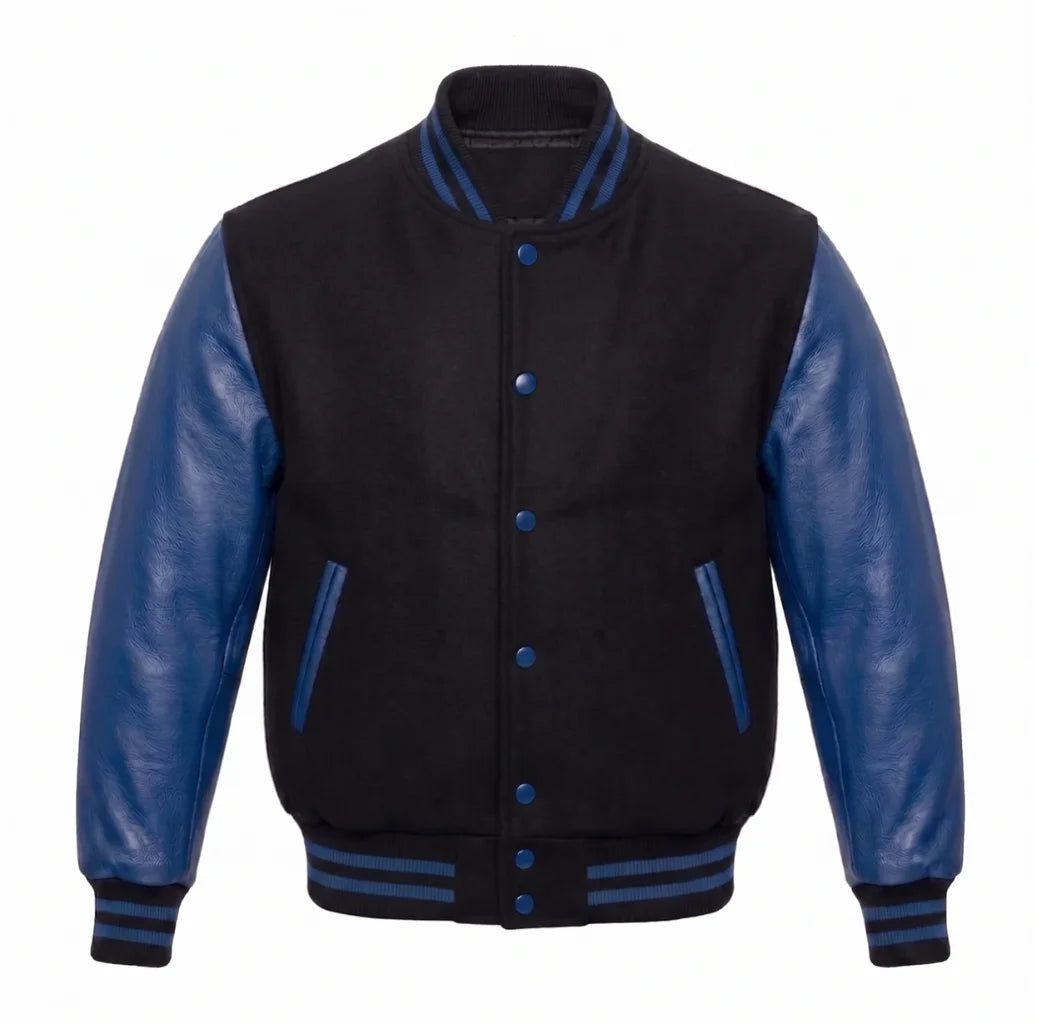 Black and Collegiate Blue Varsity Jacket with Wool Body and Leather Sleeves