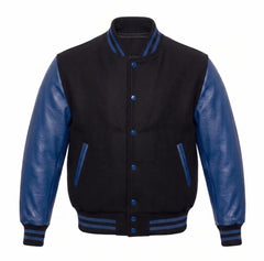 Black and Collegiate Blue Varsity Jacket with Wool Body and Leather Sleeves