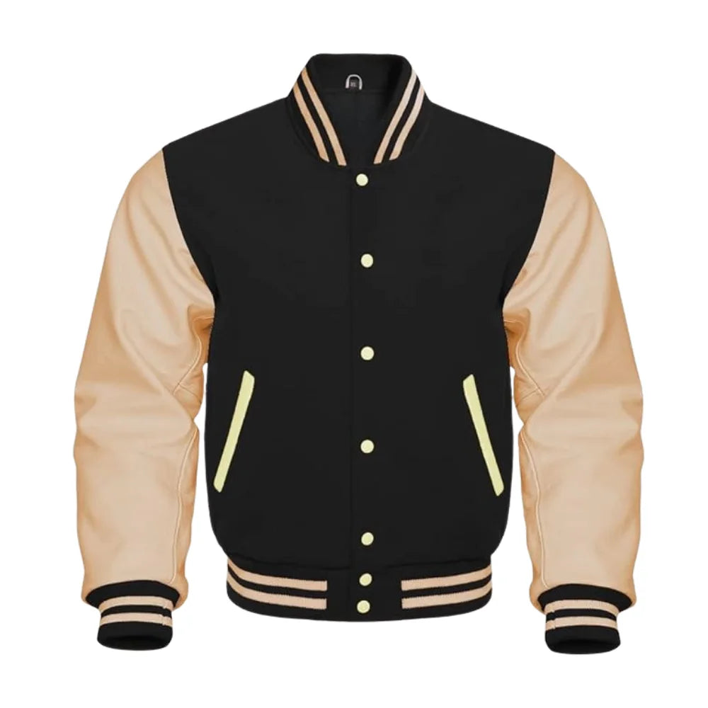 Black and Cream Varsity Jacket with Wool Body and Leather Sleeves