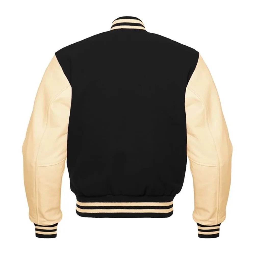 Black and Cream Varsity Jacket with Wool Body and Leather Sleeves Back Side
