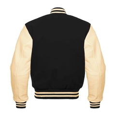 Black and Cream Varsity Jacket with Wool Body and Leather Sleeves Back Side