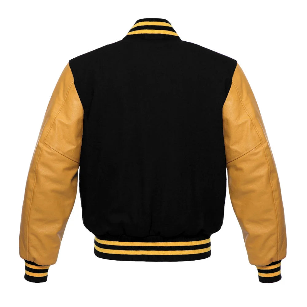 Black and Gold Varsity Jacket with Wool Body and Leather Sleeves Back Side