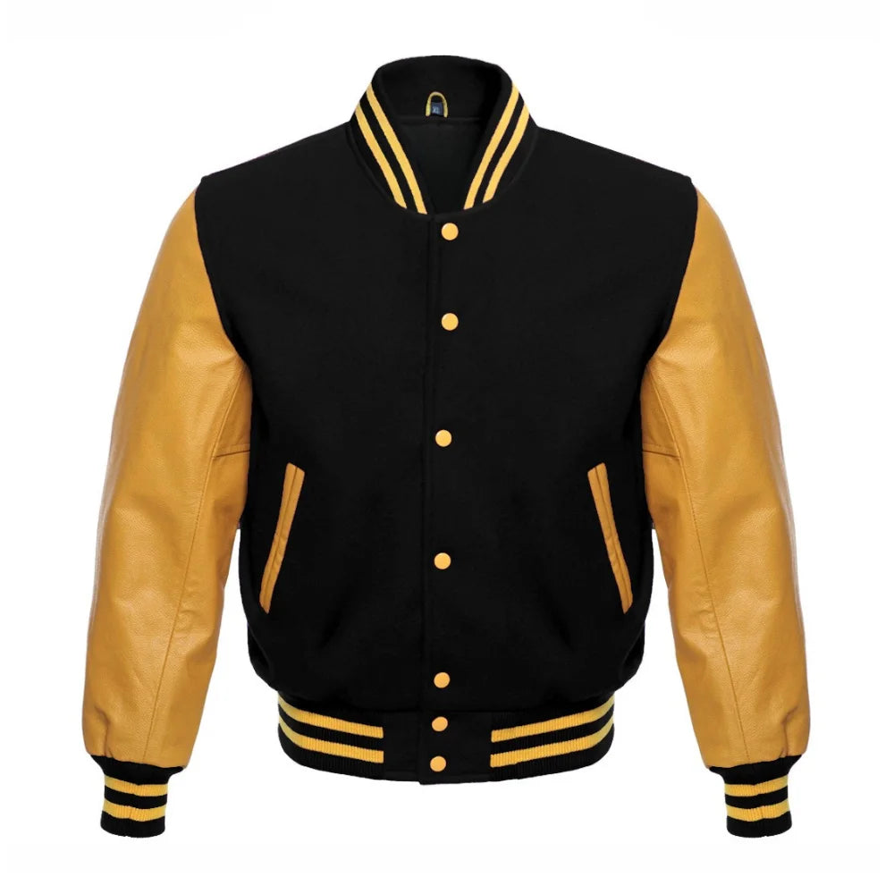 Black and Gold Varsity Jacket with Wool Body and Leather Sleeves