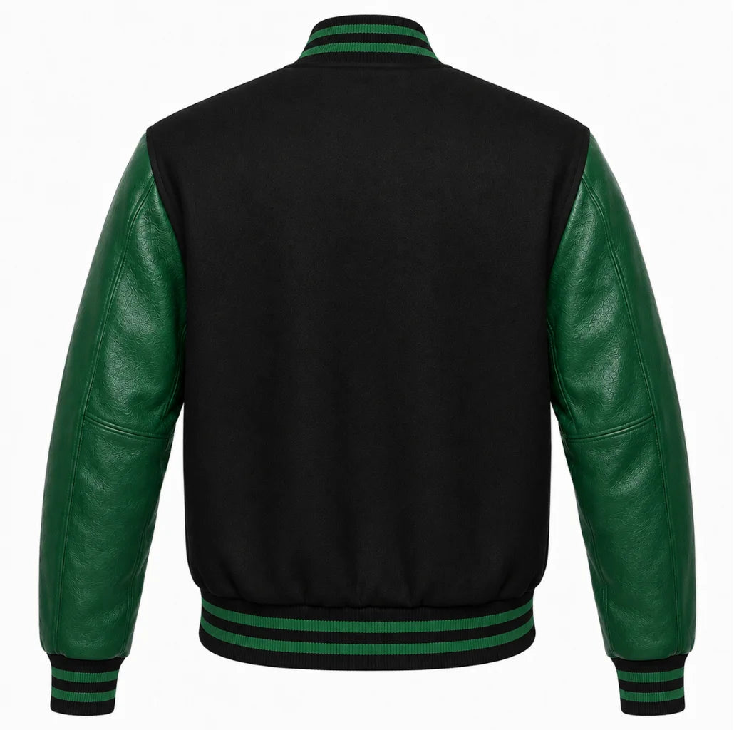 Black wool varsity jacket with green cowhide sleeves, back view