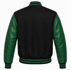 Black wool varsity jacket with green cowhide sleeves, back view