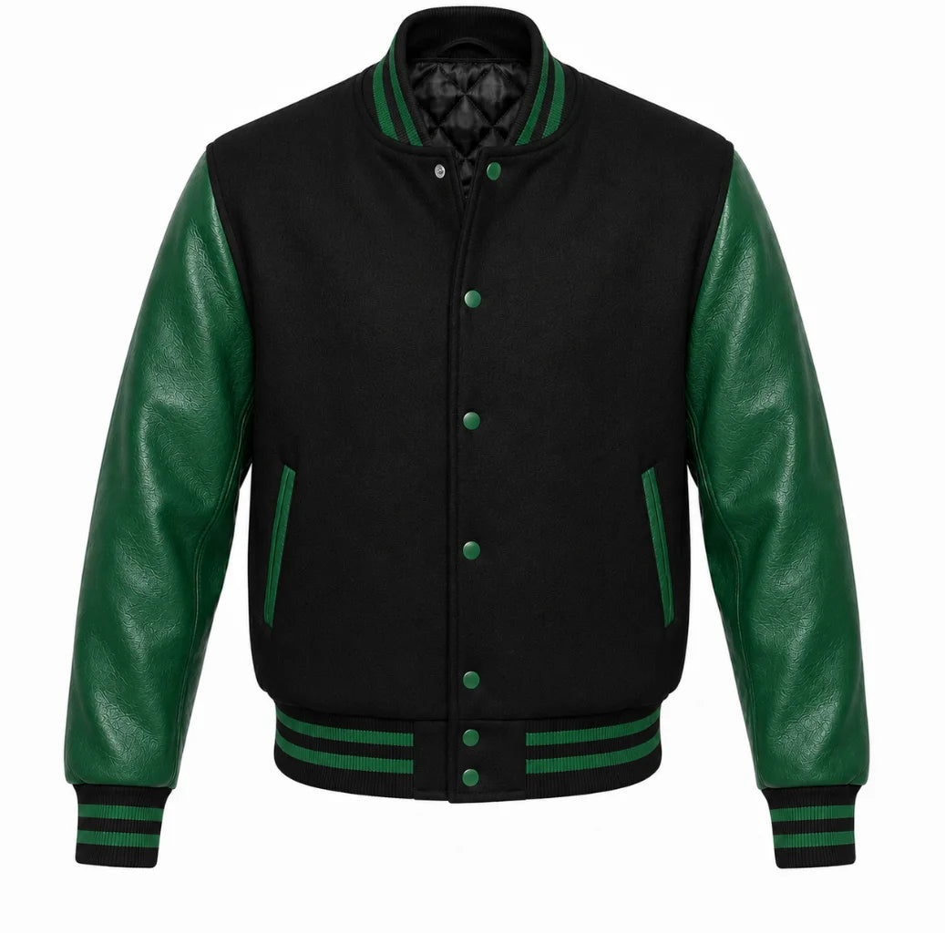 Black melton wool varsity jacket with green leather sleeves, front view