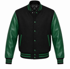 Black melton wool varsity jacket with green leather sleeves, front view
