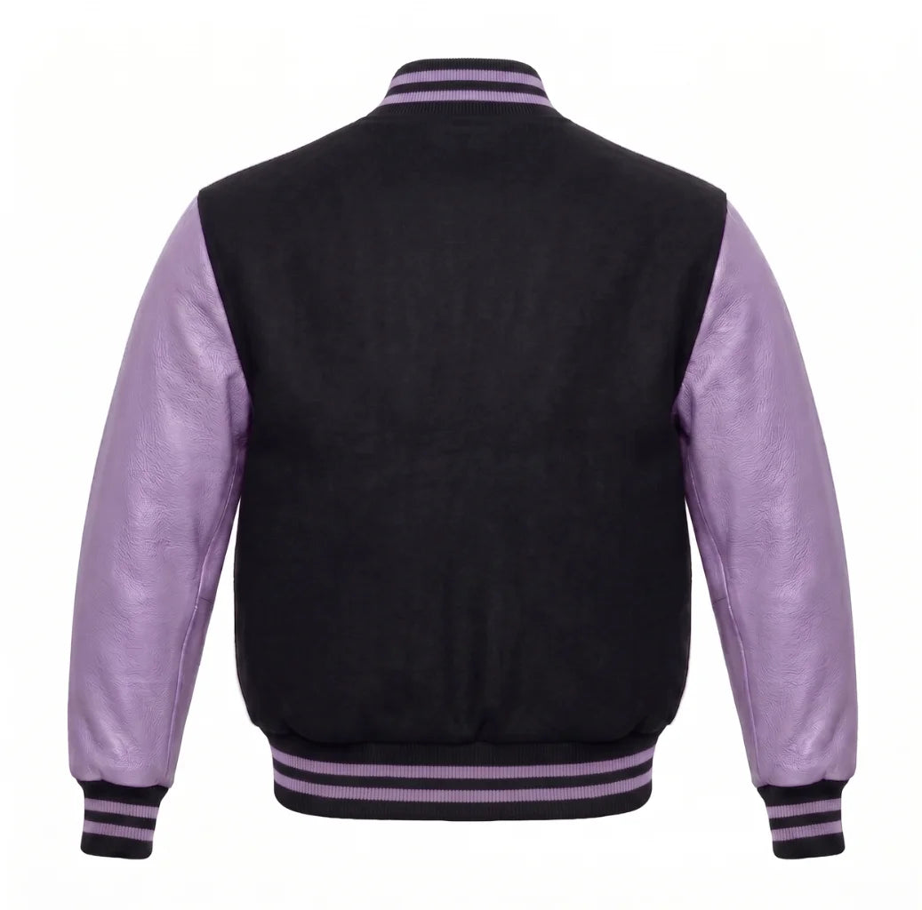 Black and Lavender Varsity Jacket with Wool Body and Leather Sleeves Back View
