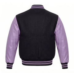 Black and Lavender Varsity Jacket with Wool Body and Leather Sleeves Back View