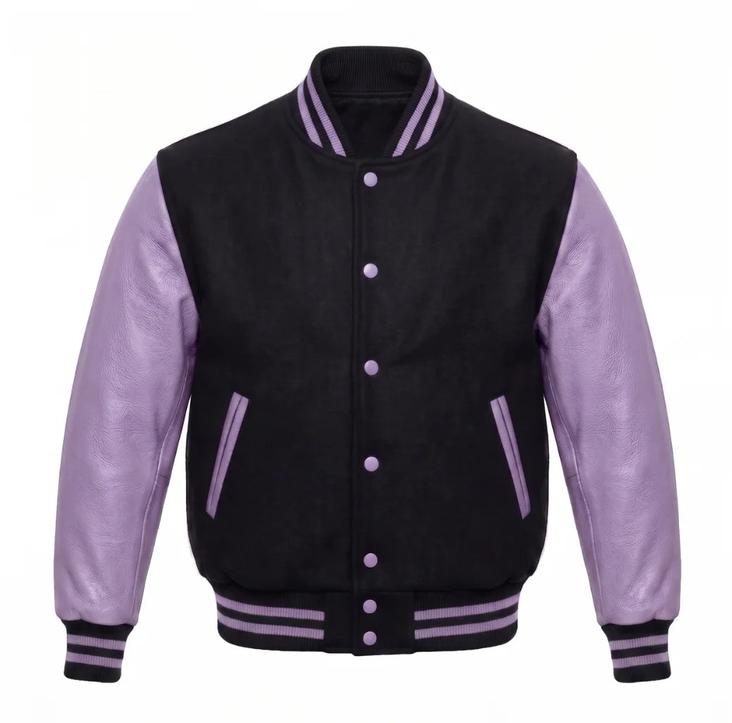 Black and Lavender Varsity Jacket with Wool Body and Leather Sleeves