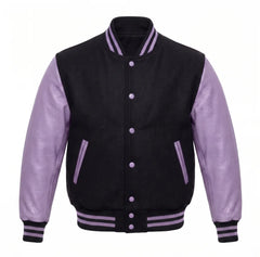 Black and Lavender Varsity Jacket with Wool Body and Leather Sleeves