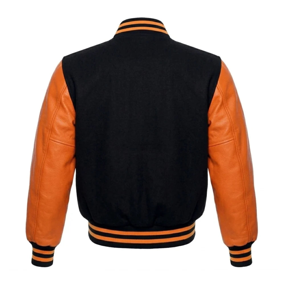 Black and Orange Varsity Jacket with Black Wool Body and Orange Leather Sleeves Back Side