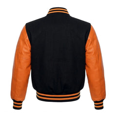 Black and Orange Varsity Jacket with Black Wool Body and Orange Leather Sleeves Back Side