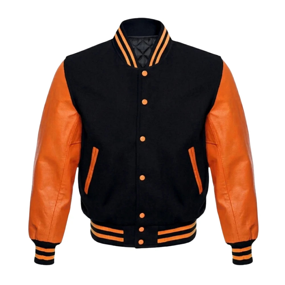 Black and Orange Varsity Jacket with Black Wool Body and Orange Leather Sleeves