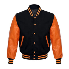 Black and Orange Varsity Jacket with Black Wool Body and Orange Leather Sleeves