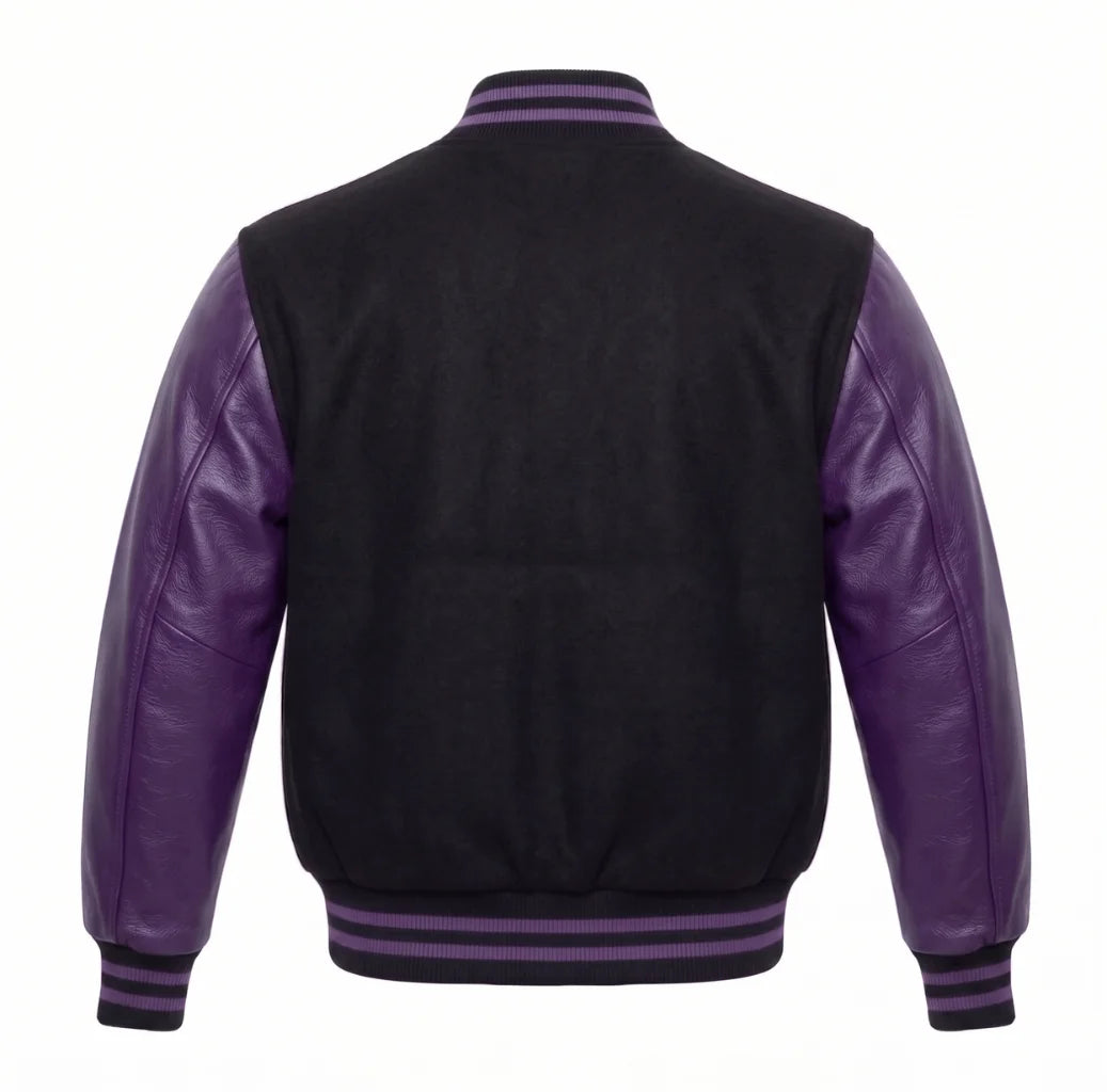 Black and Purple Varsity Jacket with Wool Body and Leather Sleeves Back View