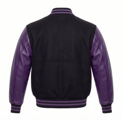 Black and Purple Varsity Jacket with Wool Body and Leather Sleeves Back View
