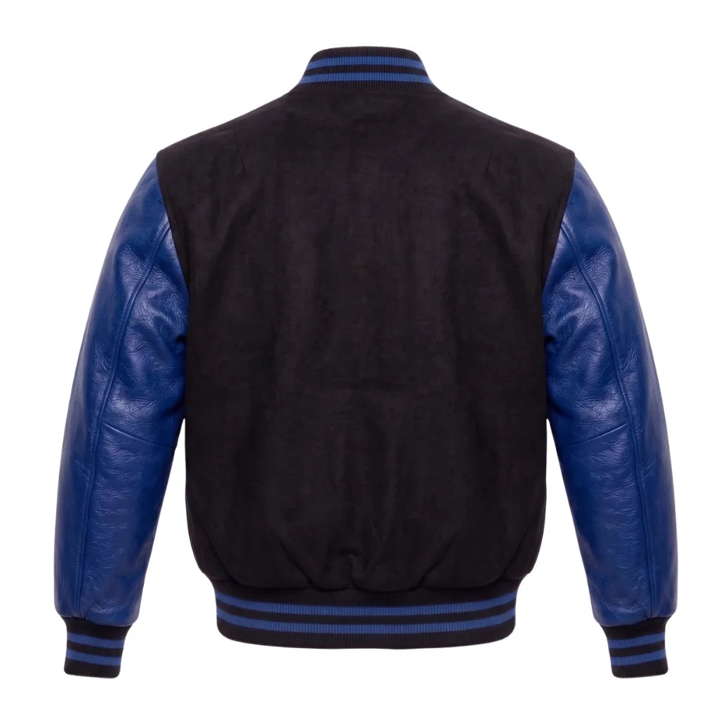 Black and Royal Blue Varsity Jacket with Wool Body and Leather Sleeves Back View