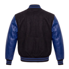 Black and Royal Blue Varsity Jacket with Wool Body and Leather Sleeves Back View