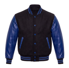 Black and Royal Blue Varsity Jacket with Wool Body and Leather Sleeves