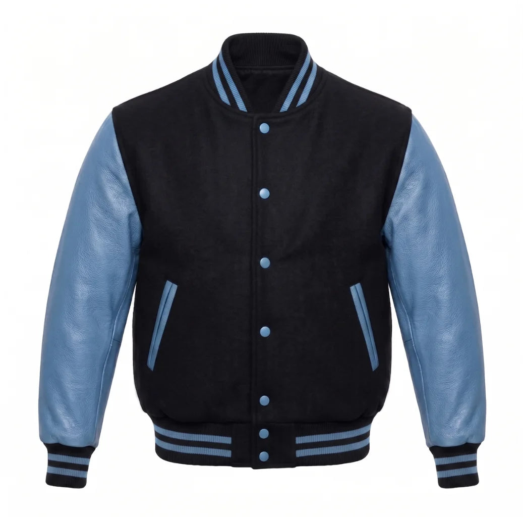 Black and Sky Blue Varsity Jacket with Wool Body and Leather Sleeves
