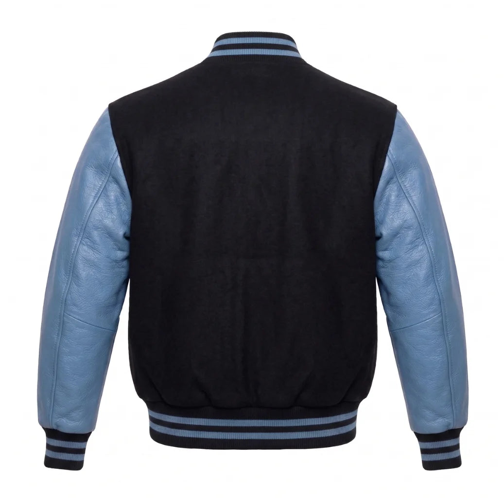 Black and Sky Blue Varsity Jacket with Wool Body and Leather Sleeves Back View