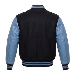Black and Sky Blue Varsity Jacket with Wool Body and Leather Sleeves Back View