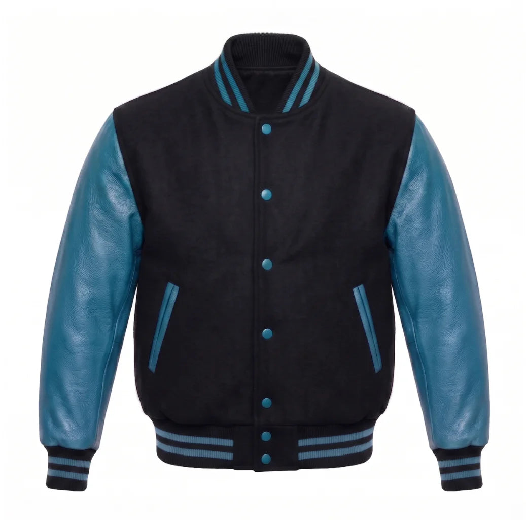 Black and Teal Varsity Jacket with Wool Body and Leather Sleeves
