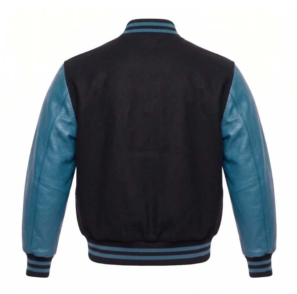 Black and Teal Varsity Jacket with Wool Body and Leather Sleeves Back View