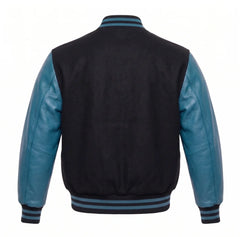 Black and Teal Varsity Jacket with Wool Body and Leather Sleeves Back View