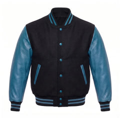 Black and Teal Varsity Jacket with Wool Body and Leather Sleeves