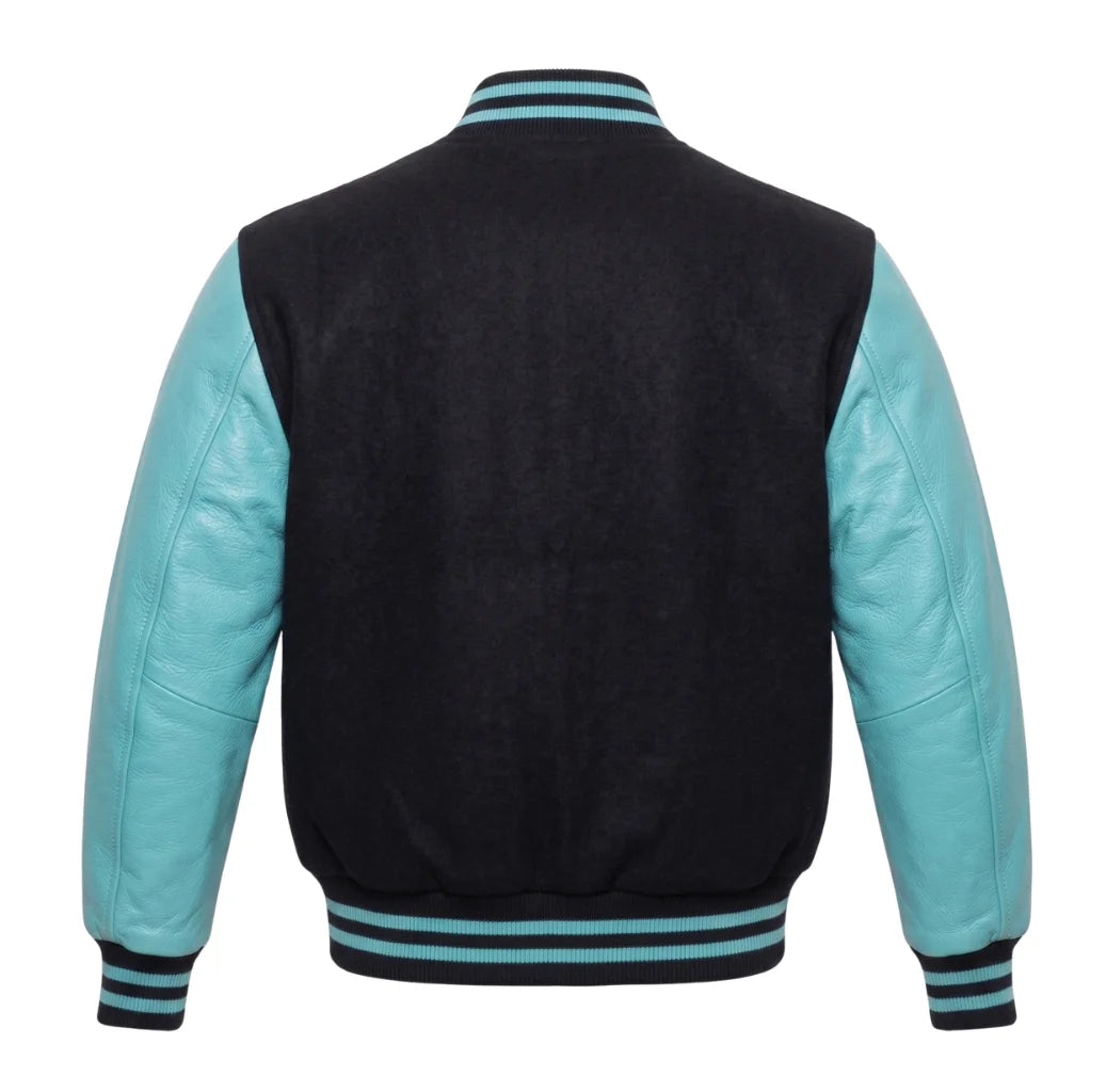 Black and Tiffany Varsity Jacket with Wool Body and Leather Sleeves Back View