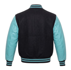 Black and Tiffany Varsity Jacket with Wool Body and Leather Sleeves Back View
