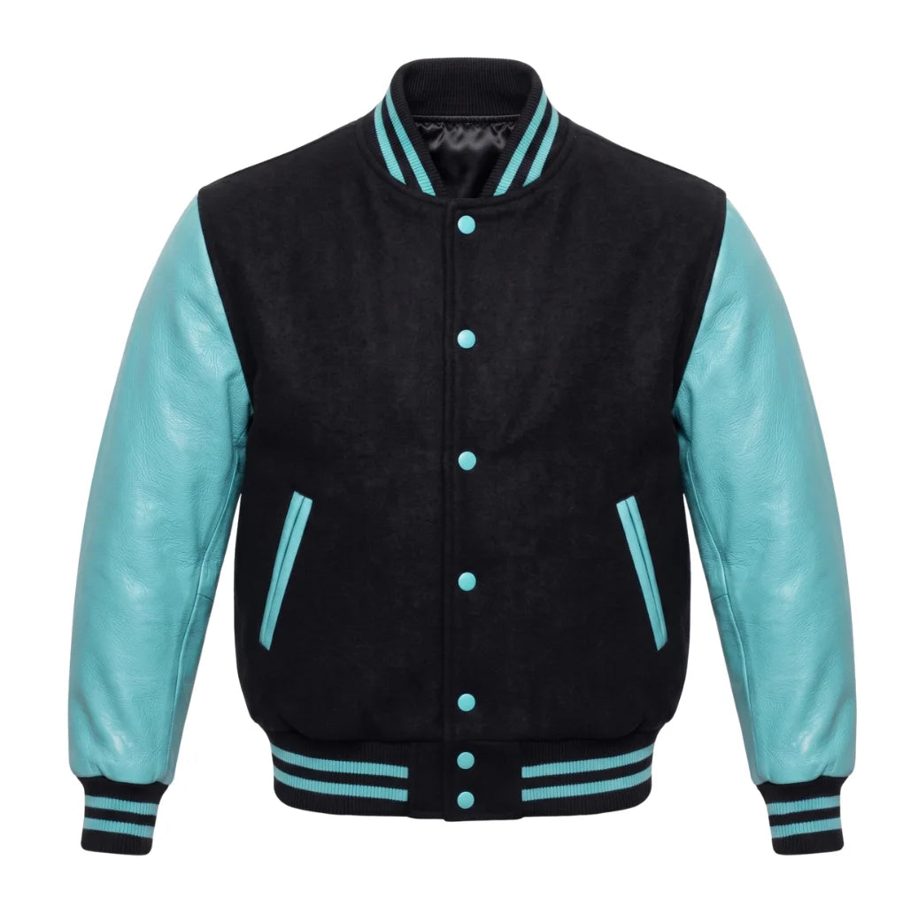 Black and Tiffany Varsity Jacket with Wool Body and Leather Sleeves