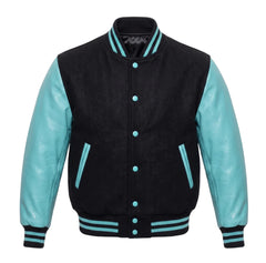 Black and Tiffany Varsity Jacket with Wool Body and Leather Sleeves
