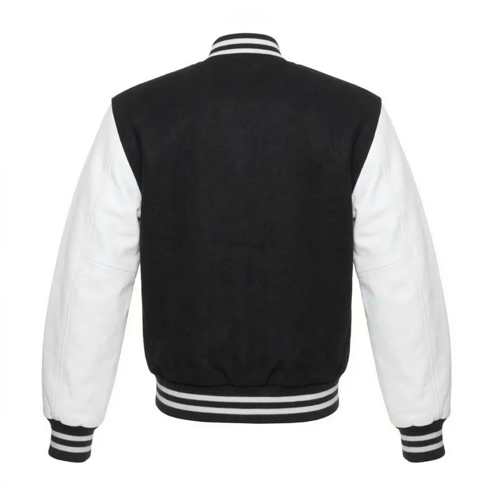 Black and White Varsity Jacket with Wool Body and Leather Sleeves Back Side